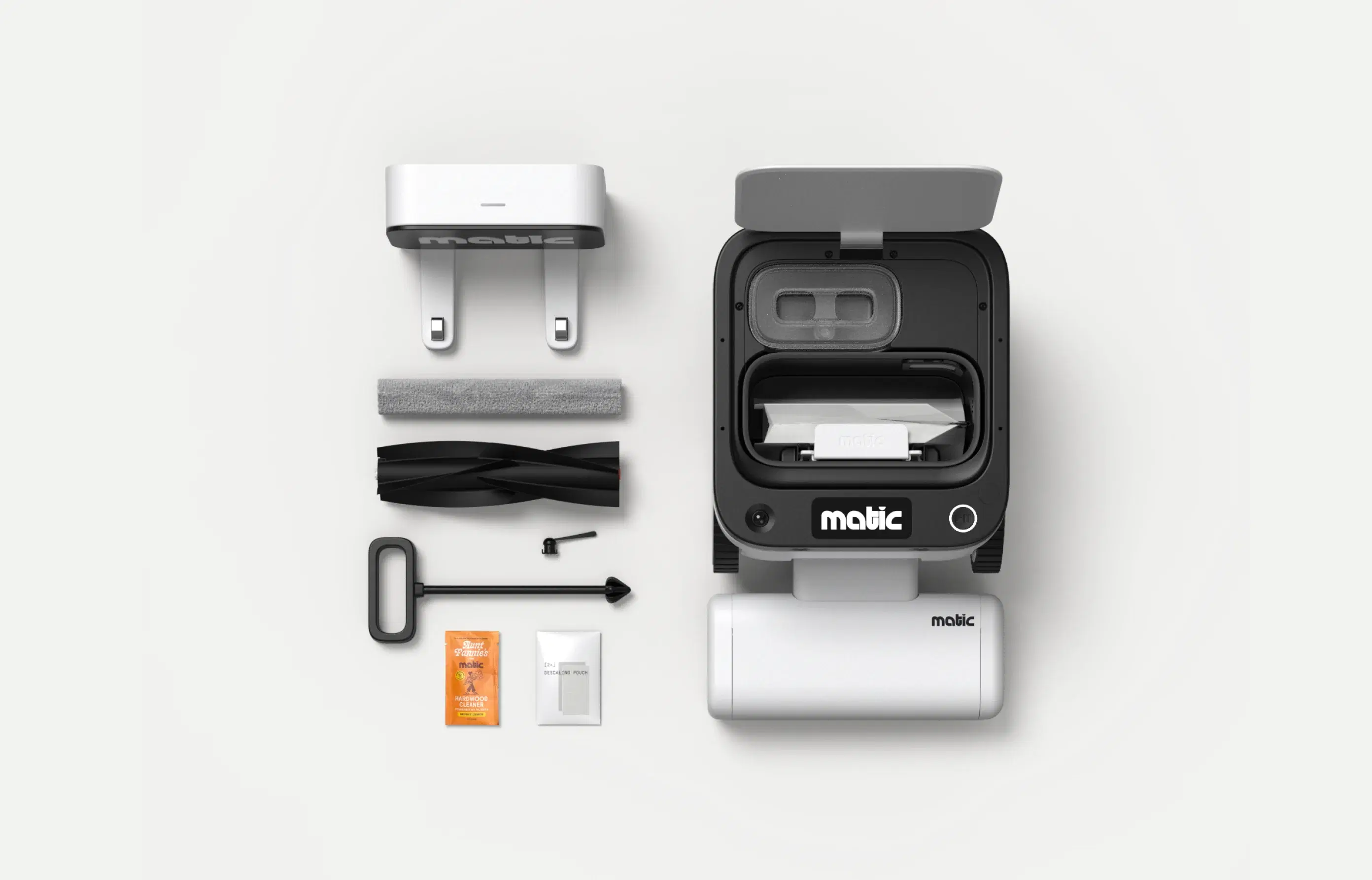 Matic and its included accessories arranged in a flat lay